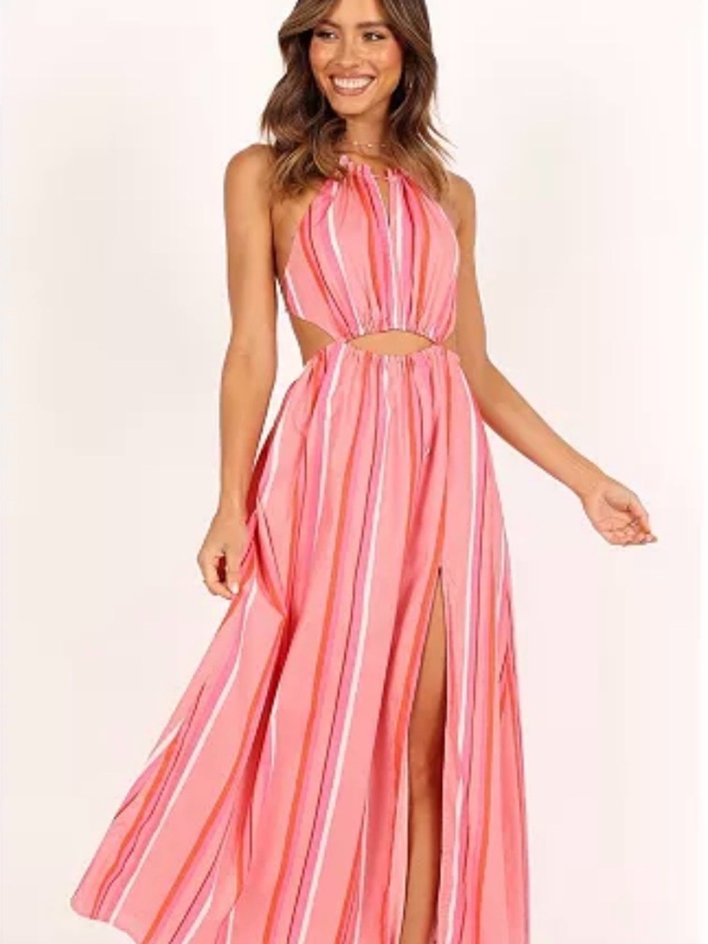 Petal and Pup Women's Pink Striped Halter Cutout Maxi Dress